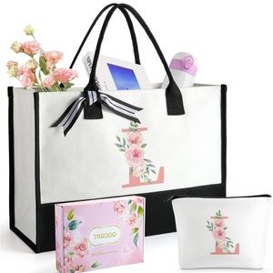 Tote Bag with Initial w Makeup Bag, gift box and gift card